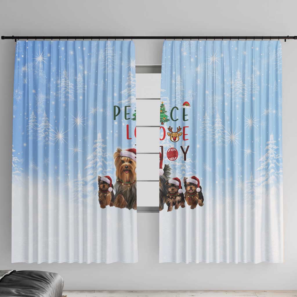 Yorkshire Terrier Dog Christmas Window Curtain with Peace Love Joy Quote and Santa Hat Puppies in Snowy Winter Scene - Wonder Print Shop