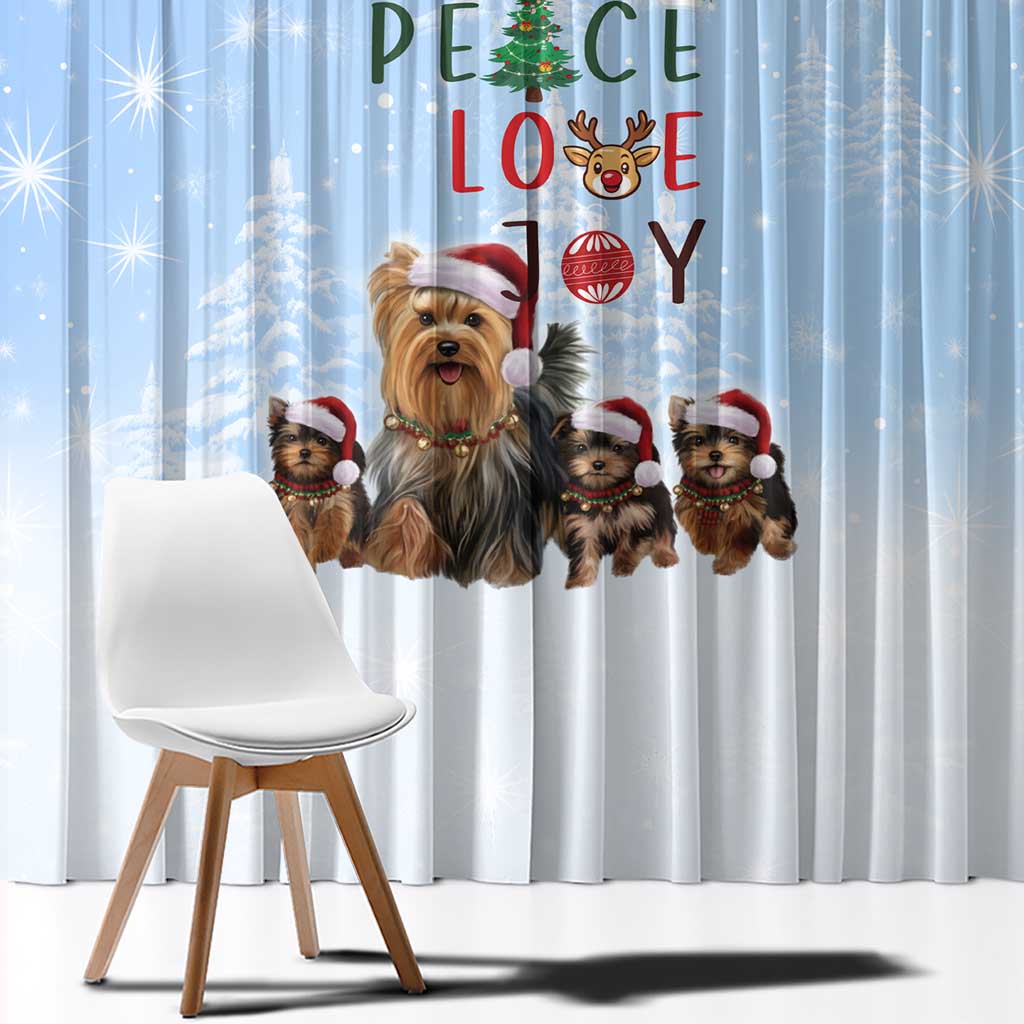 Yorkshire Terrier Dog Christmas Window Curtain with Peace Love Joy Quote and Santa Hat Puppies in Snowy Winter Scene - Wonder Print Shop