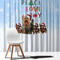 Yorkshire Terrier Dog Christmas Window Curtain with Peace Love Joy Quote and Santa Hat Puppies in Snowy Winter Scene - Wonder Print Shop
