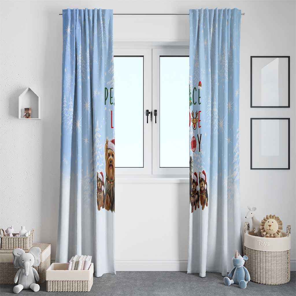 Yorkshire Terrier Dog Christmas Window Curtain with Peace Love Joy Quote and Santa Hat Puppies in Snowy Winter Scene - Wonder Print Shop