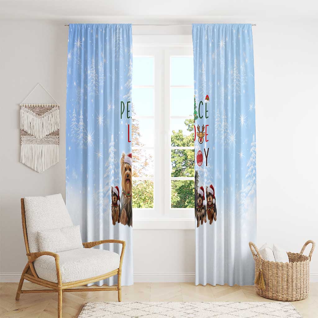 Yorkshire Terrier Dog Christmas Window Curtain with Peace Love Joy Quote and Santa Hat Puppies in Snowy Winter Scene - Wonder Print Shop