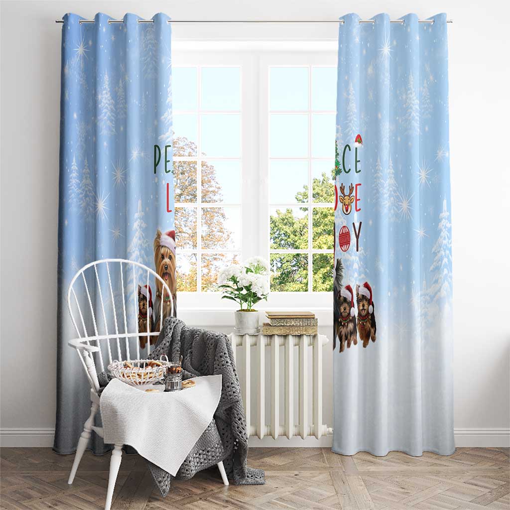 Yorkshire Terrier Dog Christmas Window Curtain with Peace Love Joy Quote and Santa Hat Puppies in Snowy Winter Scene - Wonder Print Shop