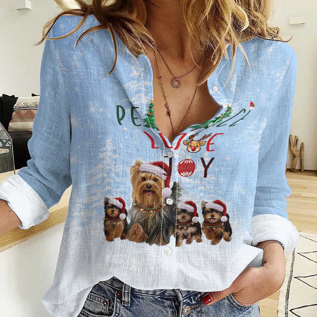 Yorkshire Terrier Dog Christmas Women Casual Shirt with Peace Love Joy Quote and Santa Hat Puppies in Snowy Winter Scene - Wonder Print Shop