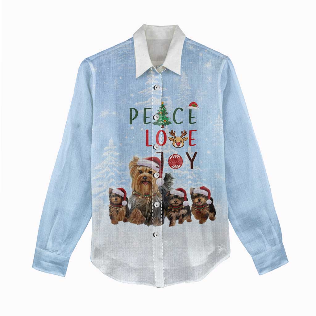 Yorkshire Terrier Dog Christmas Women Casual Shirt with Peace Love Joy Quote and Santa Hat Puppies in Snowy Winter Scene - Wonder Print Shop