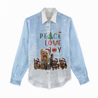 Yorkshire Terrier Dog Christmas Women Casual Shirt with Peace Love Joy Quote and Santa Hat Puppies in Snowy Winter Scene - Wonder Print Shop