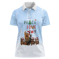 Yorkshire Terrier Dog Christmas Women Polo Shirt with Peace Love Joy Quote and Santa Hat Puppies in Snowy Winter Scene - Wonder Print Shop