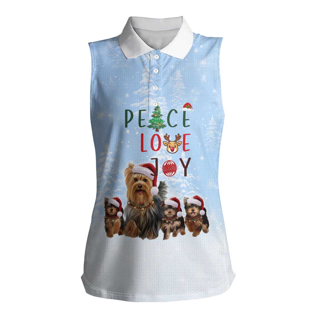 Yorkshire Terrier Dog Christmas Women Sleeveless Polo Shirt with Peace Love Joy Quote and Santa Hat Puppies in Snowy Winter Scene - Wonder Print Shop
