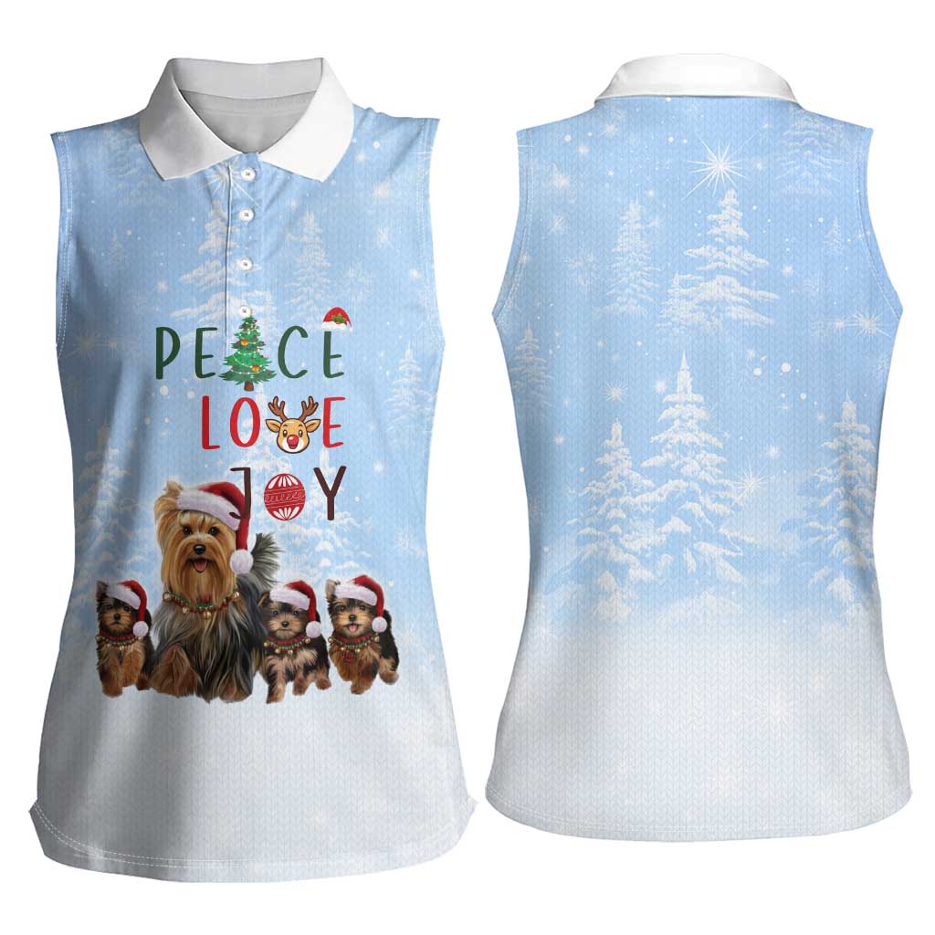 Yorkshire Terrier Dog Christmas Women Sleeveless Polo Shirt with Peace Love Joy Quote and Santa Hat Puppies in Snowy Winter Scene - Wonder Print Shop