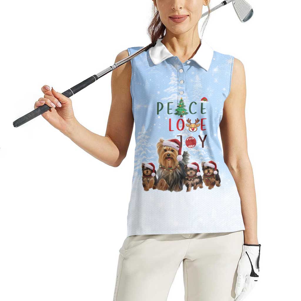 Yorkshire Terrier Dog Christmas Women Sleeveless Polo Shirt with Peace Love Joy Quote and Santa Hat Puppies in Snowy Winter Scene - Wonder Print Shop