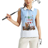 Yorkshire Terrier Dog Christmas Women Sleeveless Polo Shirt with Peace Love Joy Quote and Santa Hat Puppies in Snowy Winter Scene - Wonder Print Shop