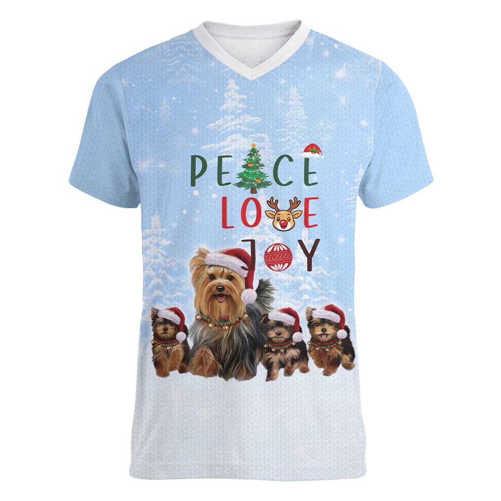 Yorkshire Terrier Dog Christmas Women V-Neck T-Shirt with Peace Love Joy Quote and Santa Hat Puppies in Snowy Winter Scene - Wonder Print Shop