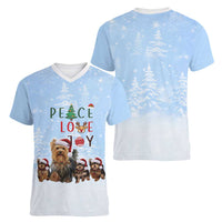 Yorkshire Terrier Dog Christmas Women V-Neck T-Shirt with Peace Love Joy Quote and Santa Hat Puppies in Snowy Winter Scene - Wonder Print Shop