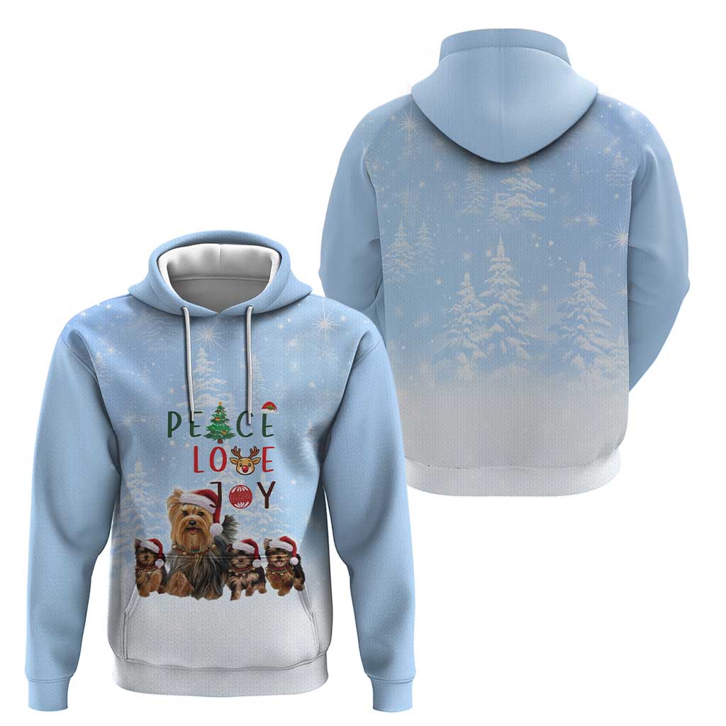 Yorkshire Terrier Dog Christmas Zip Hoodie with Peace Love Joy Quote and Santa Hat Puppies in Snowy Winter Scene - Wonder Print Shop