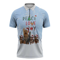 Yorkshire Terrier Dog Christmas Zipper Polo Shirt with Peace Love Joy Quote and Santa Hat Puppies in Snowy Winter Scene - Wonder Print Shop