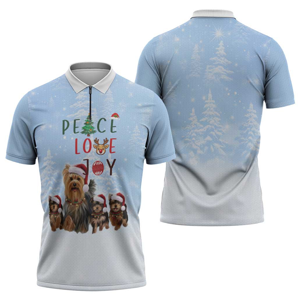 Yorkshire Terrier Dog Christmas Zipper Polo Shirt with Peace Love Joy Quote and Santa Hat Puppies in Snowy Winter Scene - Wonder Print Shop