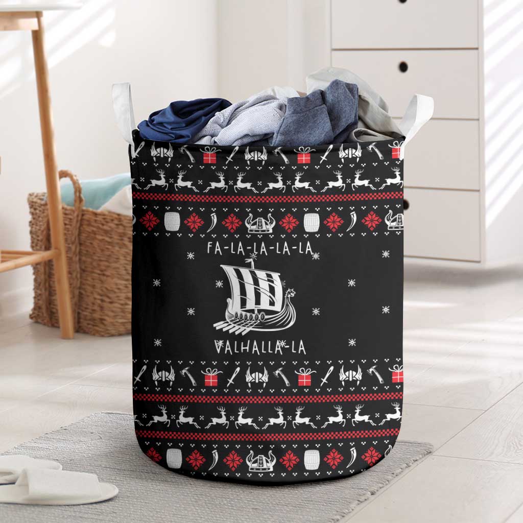 Viking Christmas Laundry Basket with Fa La La La La Valhalla Quote and Longship Nordic Pattern - Wonder Print Shop