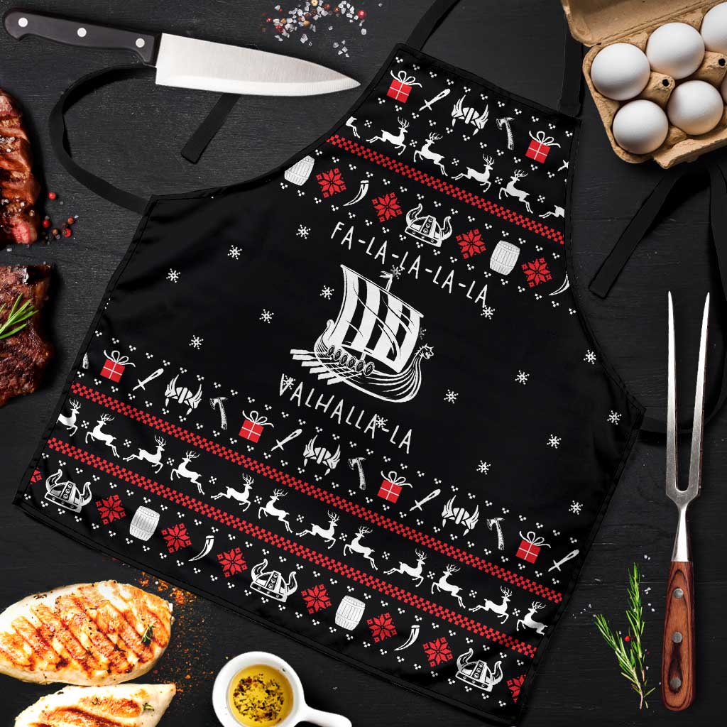 Viking Christmas Apron with Fa La La La La Valhalla Quote and Longship Nordic Pattern - Wonder Print Shop