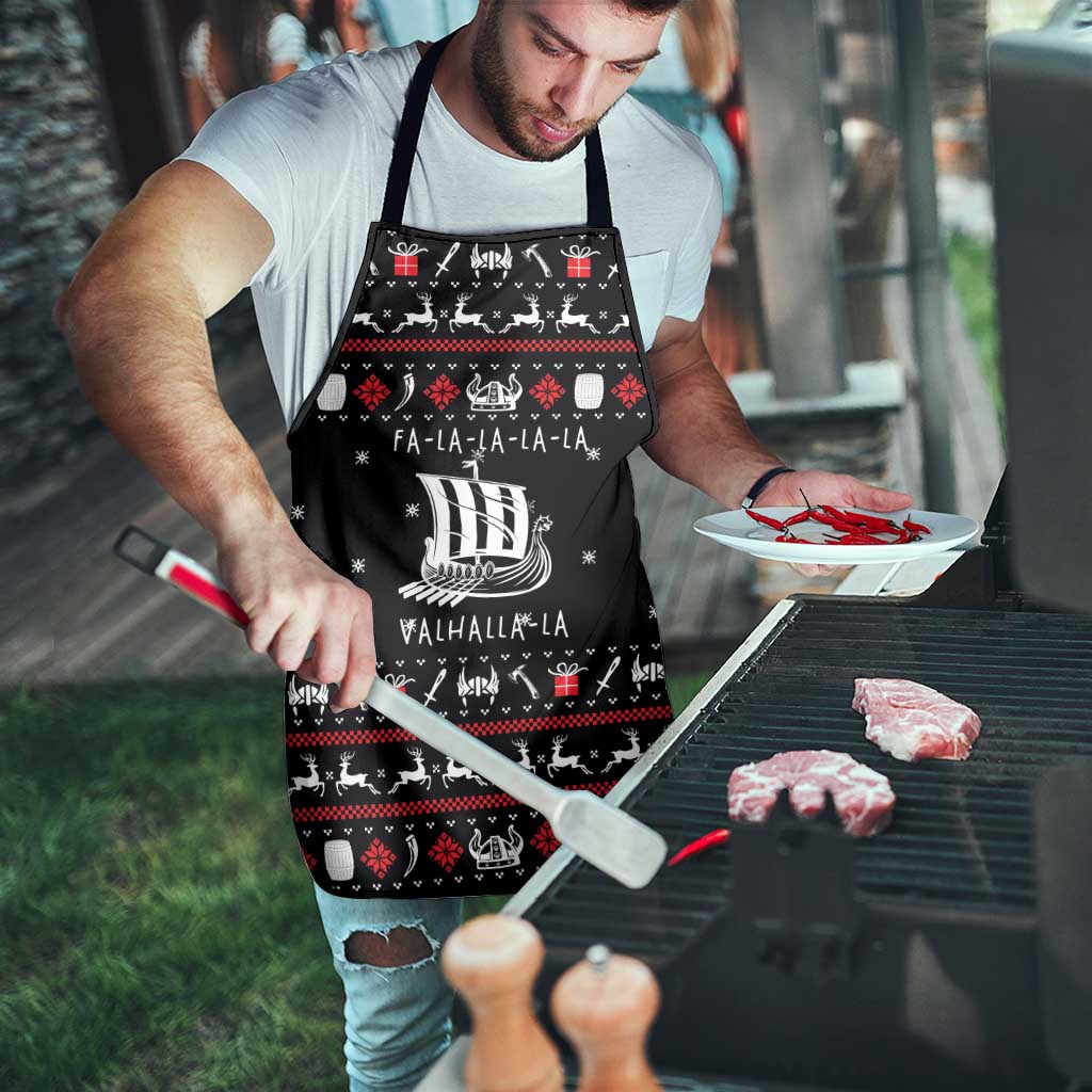 Viking Christmas Apron with Fa La La La La Valhalla Quote and Longship Nordic Pattern - Wonder Print Shop