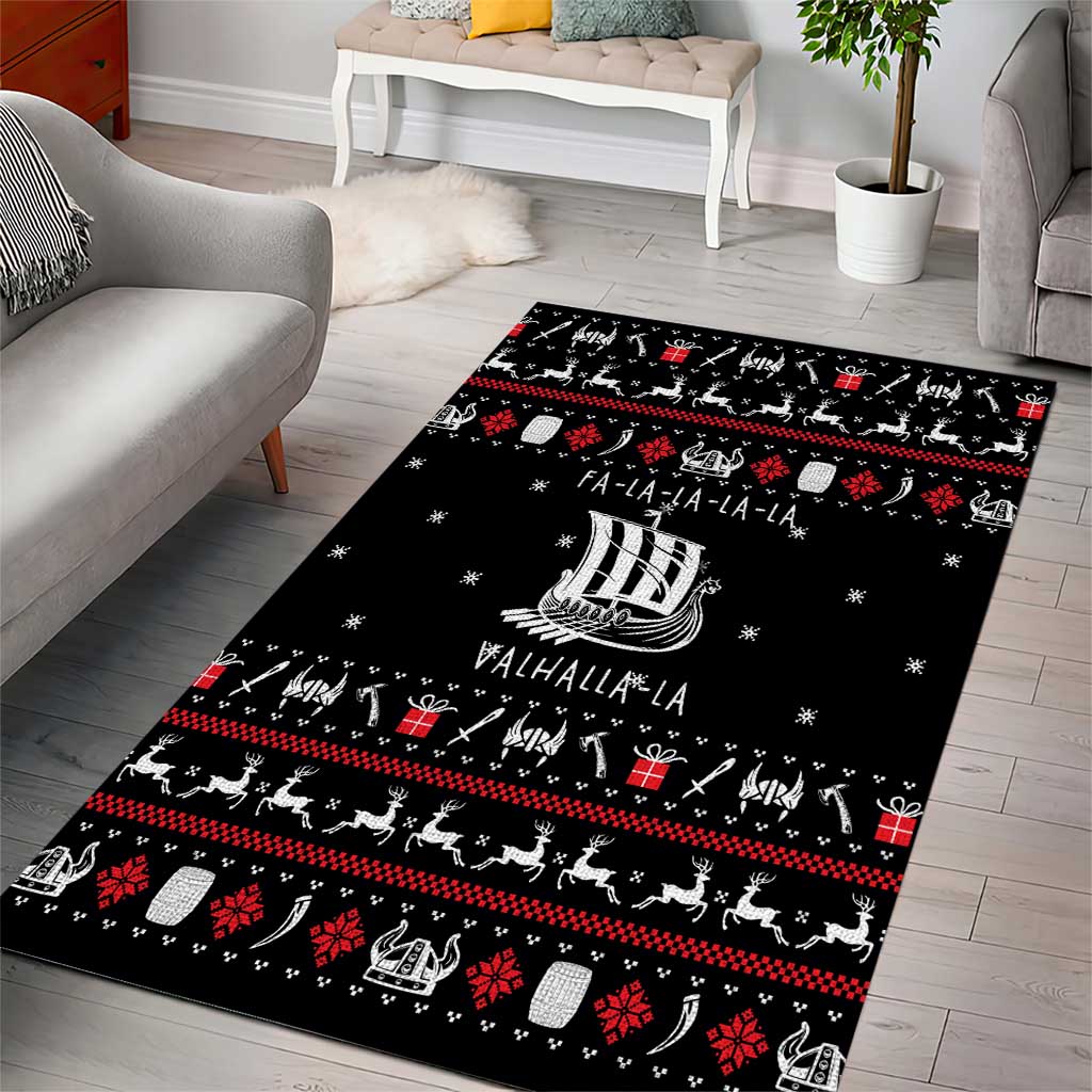 Viking Christmas Area Rug with Fa La La La La Valhalla Quote and Longship Nordic Pattern - Wonder Print Shop