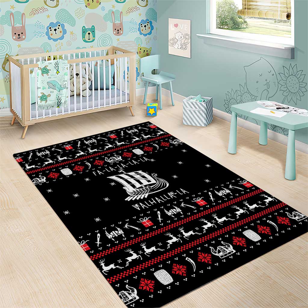 Viking Christmas Area Rug with Fa La La La La Valhalla Quote and Longship Nordic Pattern - Wonder Print Shop