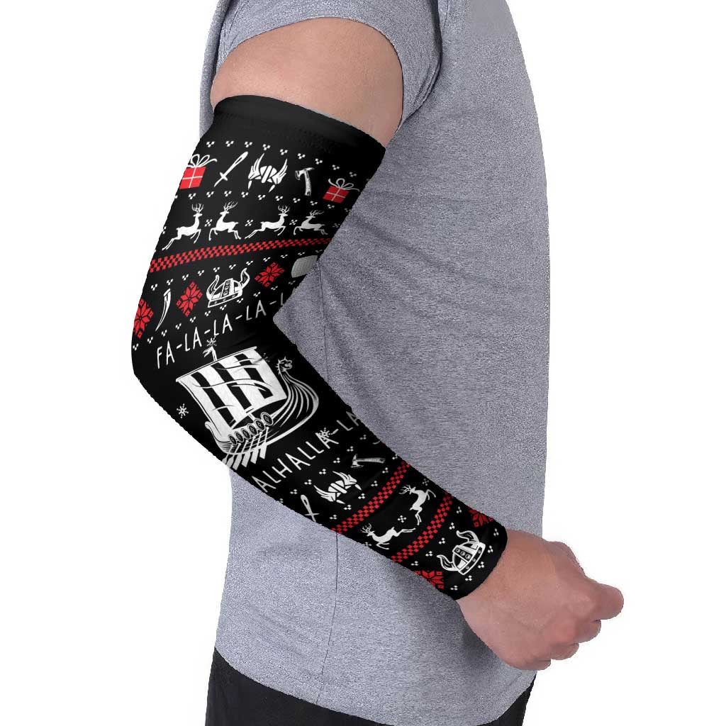 Viking Christmas Arm Sleeves with Fa La La La La Valhalla Quote and Longship Nordic Pattern - Wonder Print Shop
