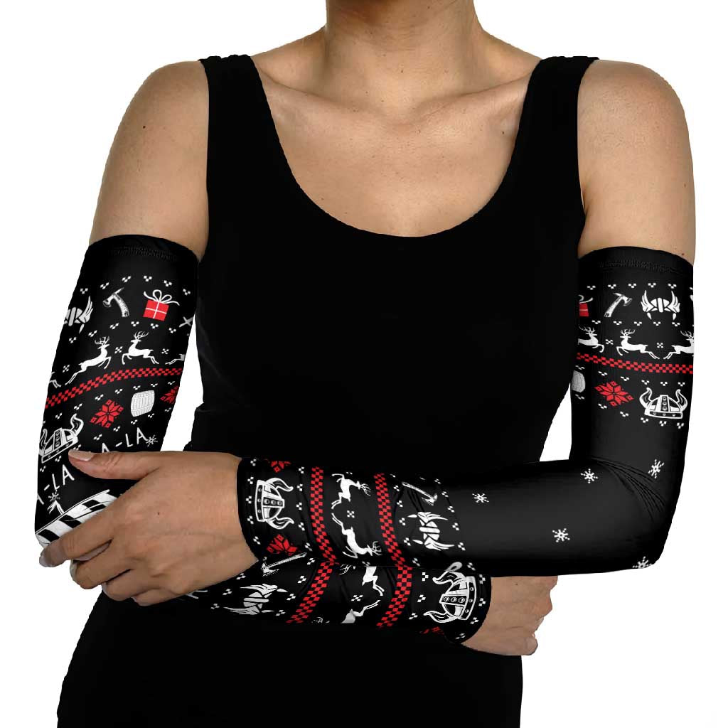 Viking Christmas Arm Sleeves with Fa La La La La Valhalla Quote and Longship Nordic Pattern - Wonder Print Shop
