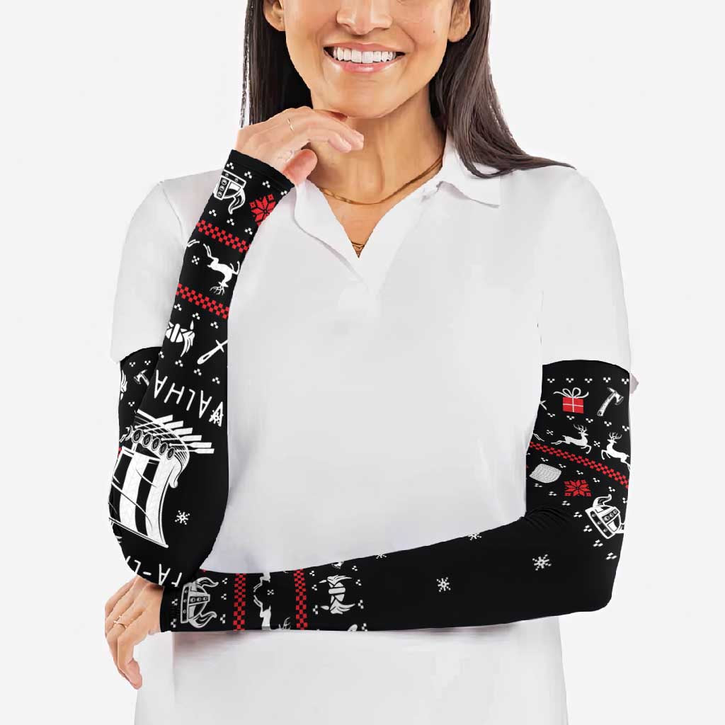 Viking Christmas Arm Sleeves with Fa La La La La Valhalla Quote and Longship Nordic Pattern - Wonder Print Shop