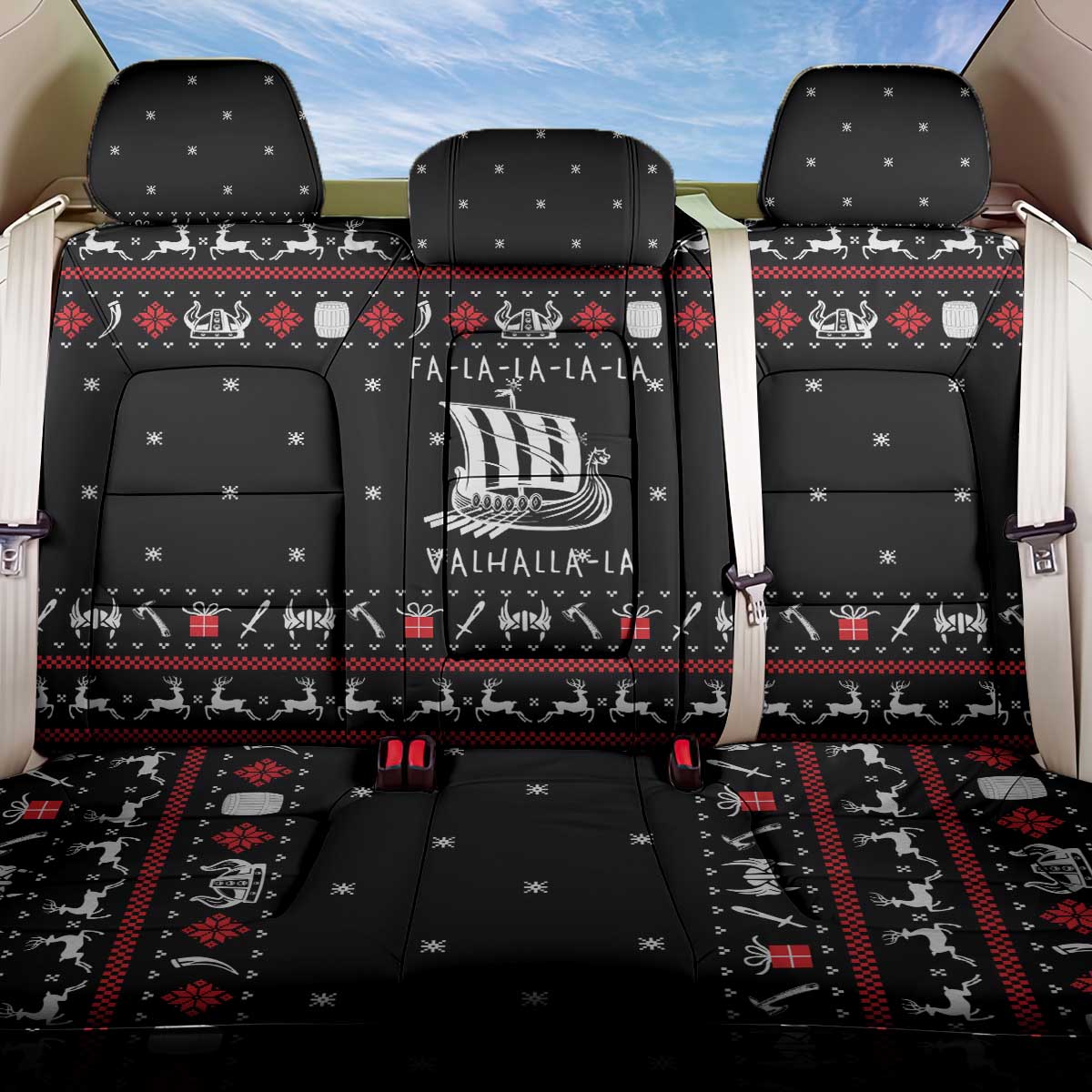 Viking Christmas Back Car Seat Cover with Fa La La La La Valhalla Quote and Longship Nordic Pattern - Wonder Print Shop