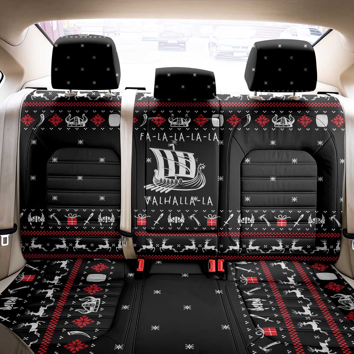 Viking Christmas Back Car Seat Cover with Fa La La La La Valhalla Quote and Longship Nordic Pattern - Wonder Print Shop
