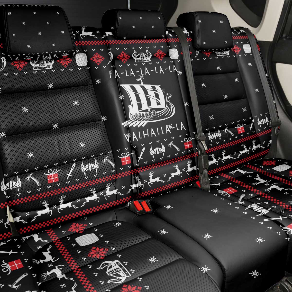 Viking Christmas Back Car Seat Cover with Fa La La La La Valhalla Quote and Longship Nordic Pattern - Wonder Print Shop