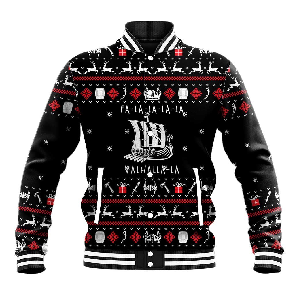 Viking Christmas Baseball Jacket with Fa La La La La Valhalla Quote and Longship Nordic Pattern - Wonder Print Shop