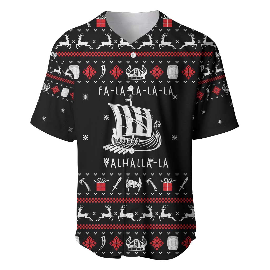 Viking Christmas Baseball Jersey with Fa La La La La Valhalla Quote and Longship Nordic Pattern - Wonder Print Shop