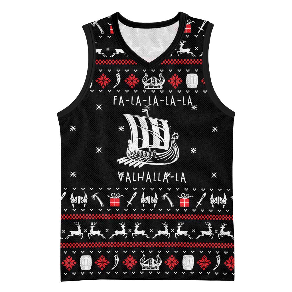 Viking Christmas Basketball Jersey with Fa La La La La Valhalla Quote and Longship Nordic Pattern - Wonder Print Shop