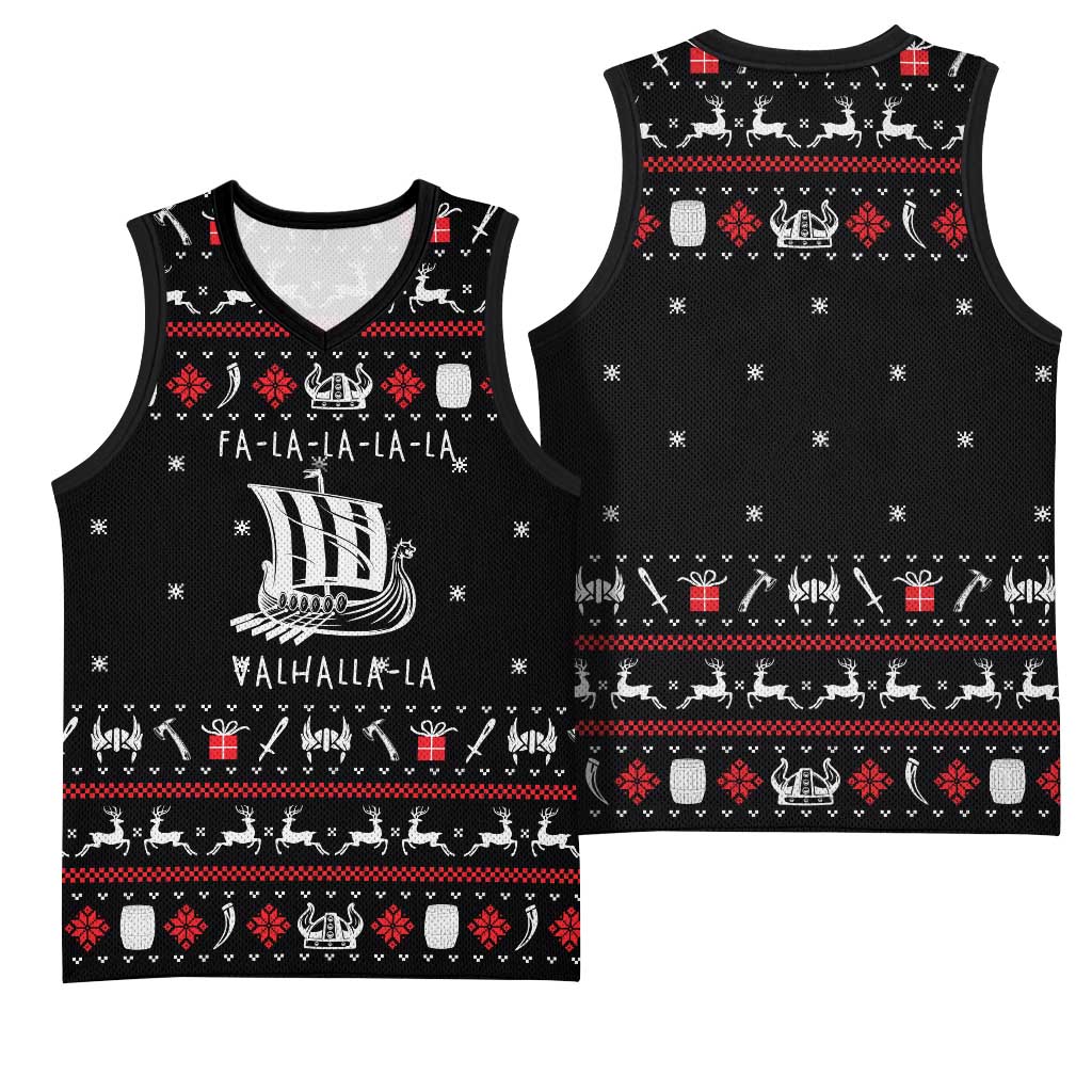Viking Christmas Basketball Jersey with Fa La La La La Valhalla Quote and Longship Nordic Pattern - Wonder Print Shop
