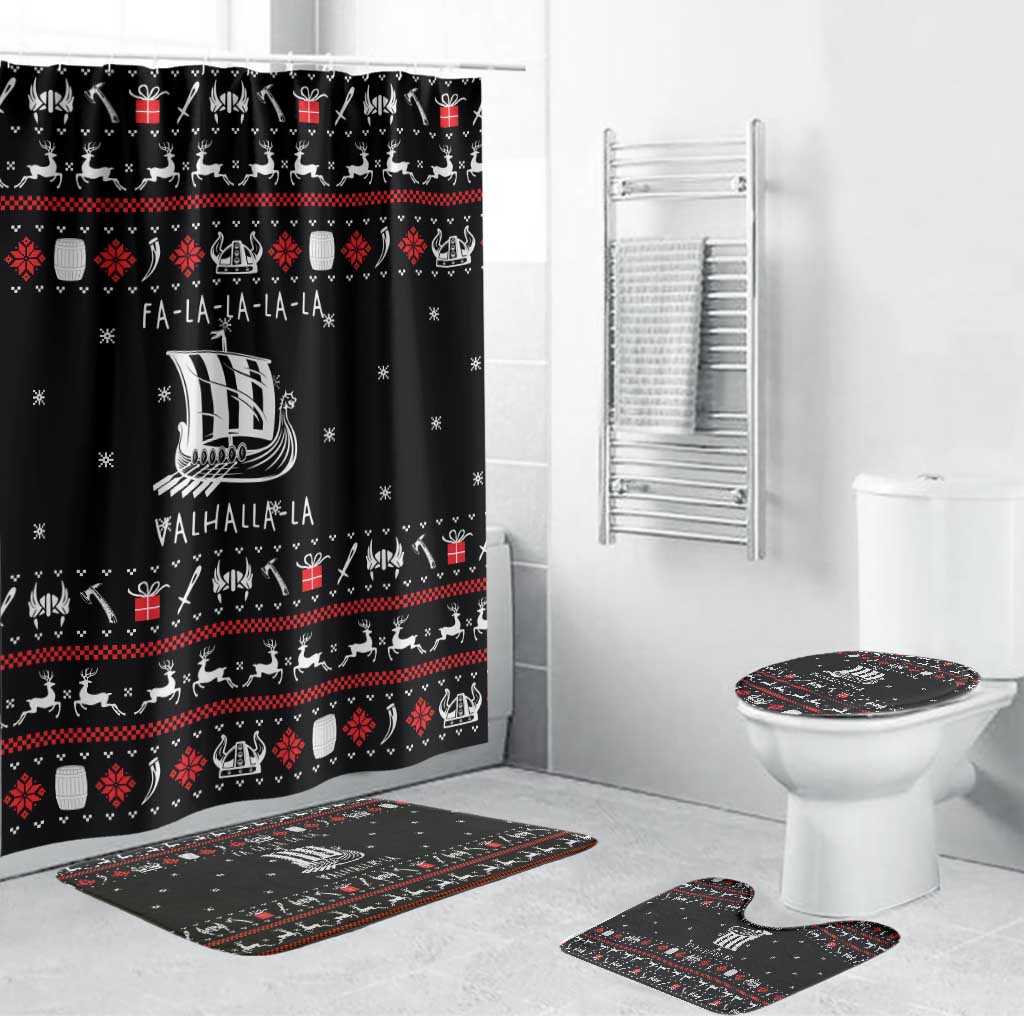 Viking Christmas Bathroom Set with Fa La La La La Valhalla Quote and Longship Nordic Pattern - Wonder Print Shop