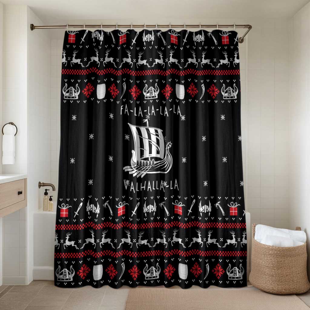 Viking Christmas Bathroom Set with Fa La La La La Valhalla Quote and Longship Nordic Pattern - Wonder Print Shop