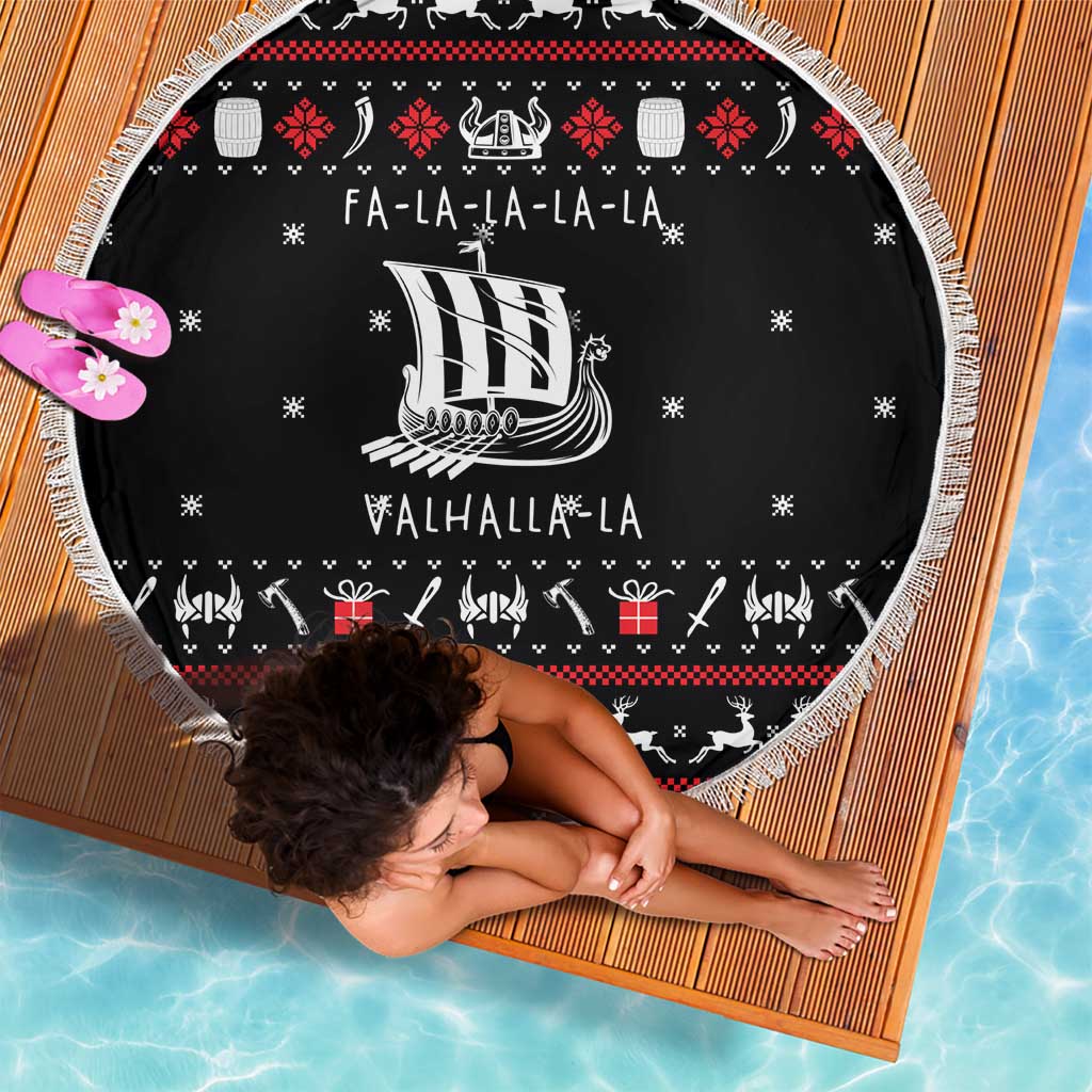 Viking Christmas Beach Blanket with Fa La La La La Valhalla Quote and Longship Nordic Pattern - Wonder Print Shop