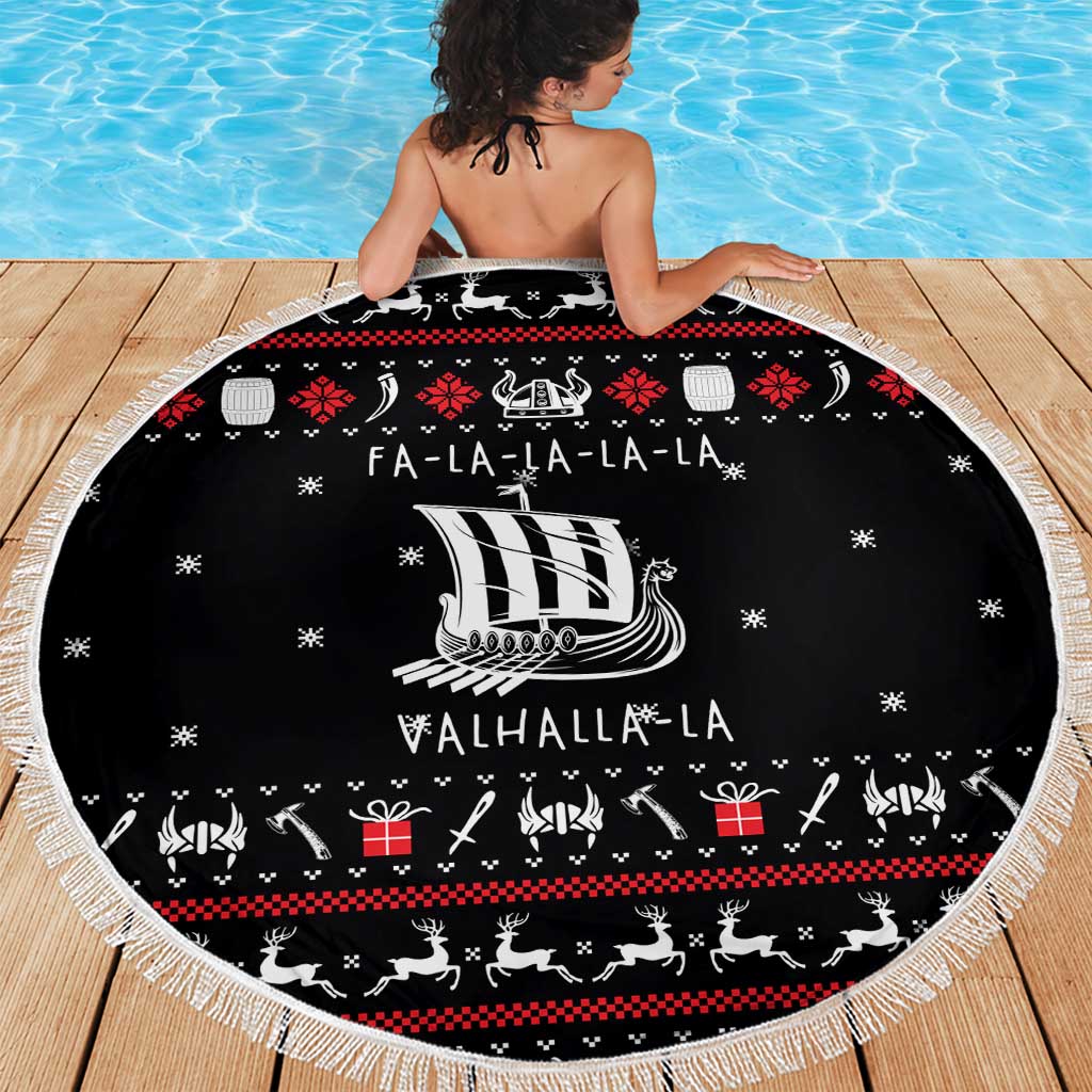Viking Christmas Beach Blanket with Fa La La La La Valhalla Quote and Longship Nordic Pattern - Wonder Print Shop