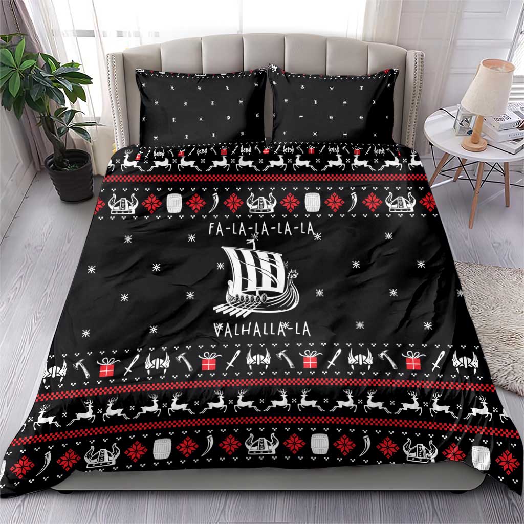Viking Christmas Bedding Set with Fa La La La La Valhalla Quote and Longship Nordic Pattern - Wonder Print Shop