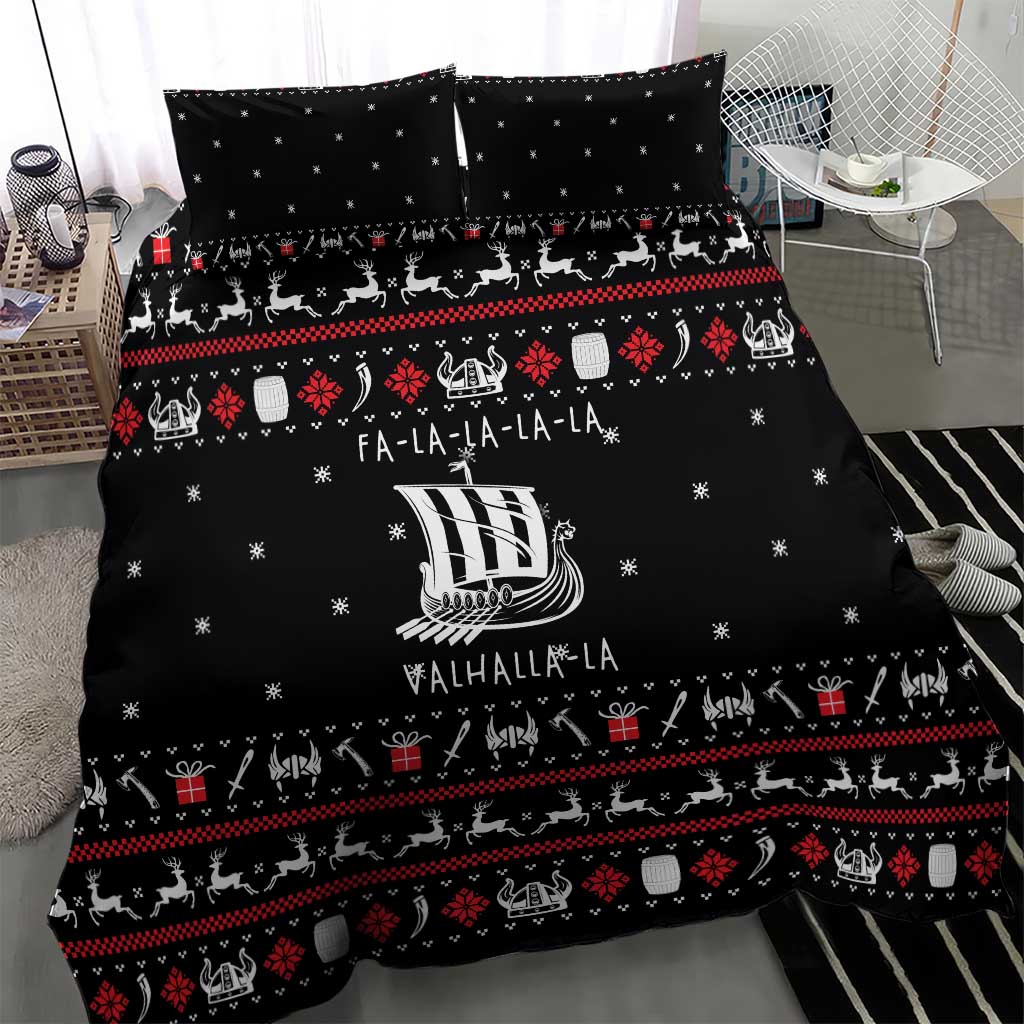 Viking Christmas Bedding Set with Fa La La La La Valhalla Quote and Longship Nordic Pattern - Wonder Print Shop