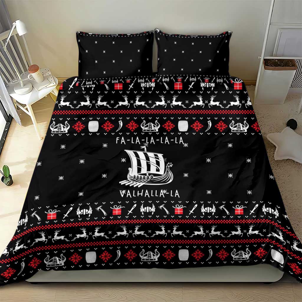 Viking Christmas Bedding Set with Fa La La La La Valhalla Quote and Longship Nordic Pattern - Wonder Print Shop