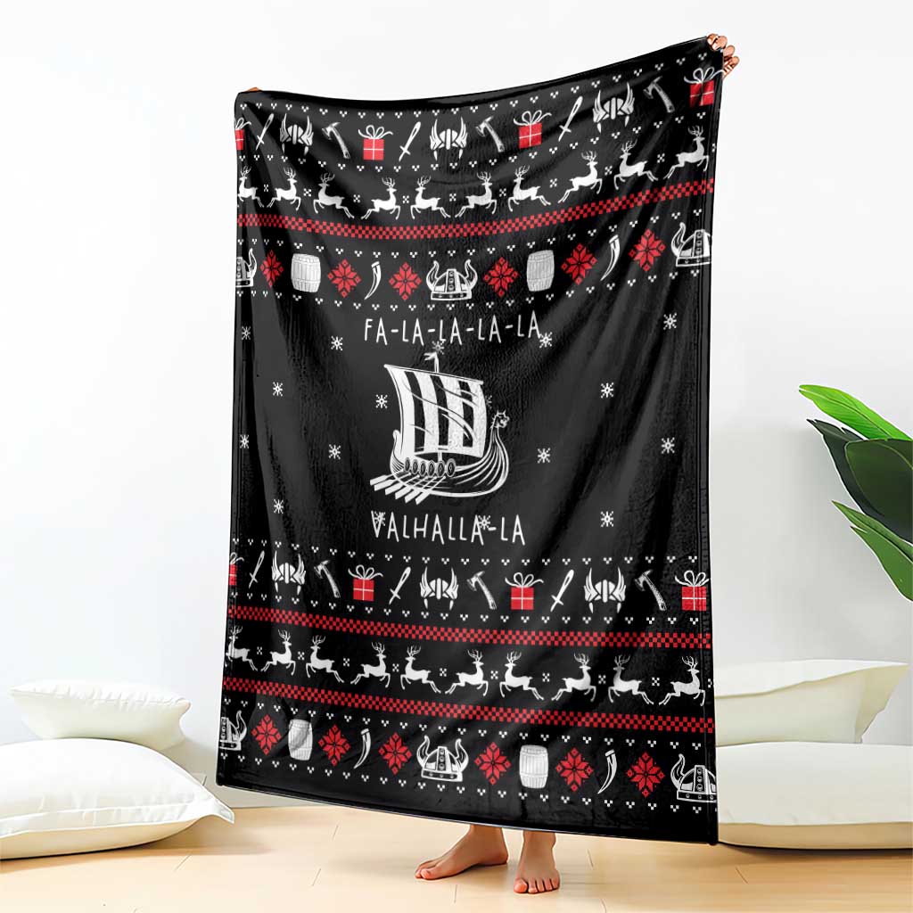 Viking Christmas Blanket with Fa La La La La Valhalla Quote and Longship Nordic Pattern - Wonder Print Shop