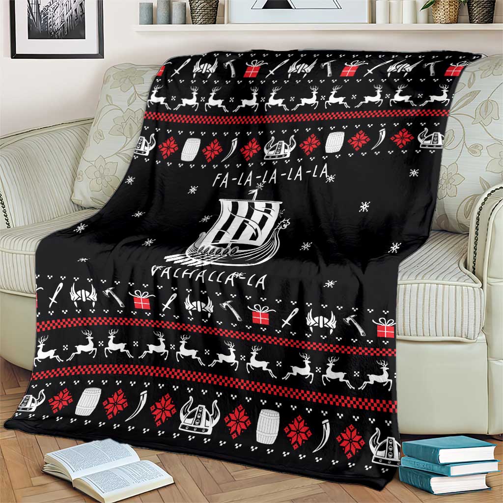 Viking Christmas Blanket with Fa La La La La Valhalla Quote and Longship Nordic Pattern - Wonder Print Shop
