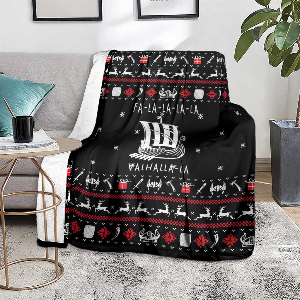 Viking Christmas Blanket with Fa La La La La Valhalla Quote and Longship Nordic Pattern - Wonder Print Shop