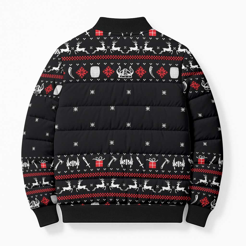 Viking Christmas Bomber Puffer Jacket with Fa La La La La Valhalla Quote and Longship Nordic Pattern - Wonder Print Shop