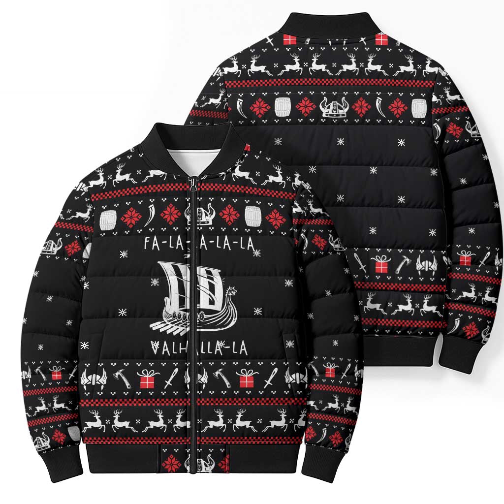 Viking Christmas Bomber Puffer Jacket with Fa La La La La Valhalla Quote and Longship Nordic Pattern - Wonder Print Shop