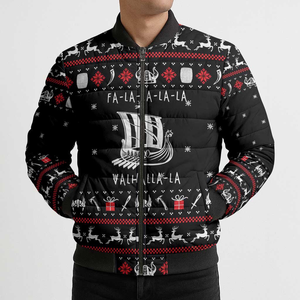 Viking Christmas Bomber Puffer Jacket with Fa La La La La Valhalla Quote and Longship Nordic Pattern - Wonder Print Shop