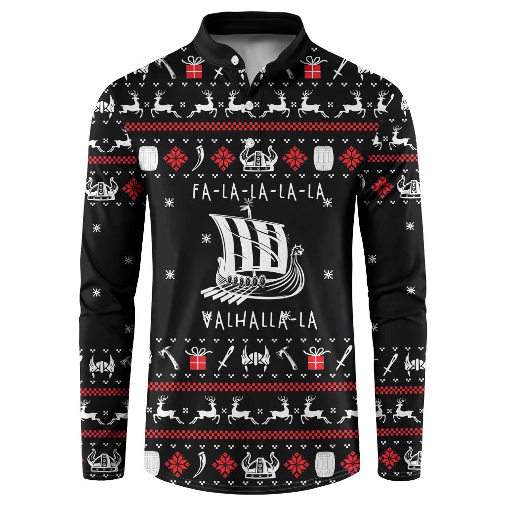 Viking Christmas Button Sweatshirt with Fa La La La La Valhalla Quote and Longship Nordic Pattern - Wonder Print Shop