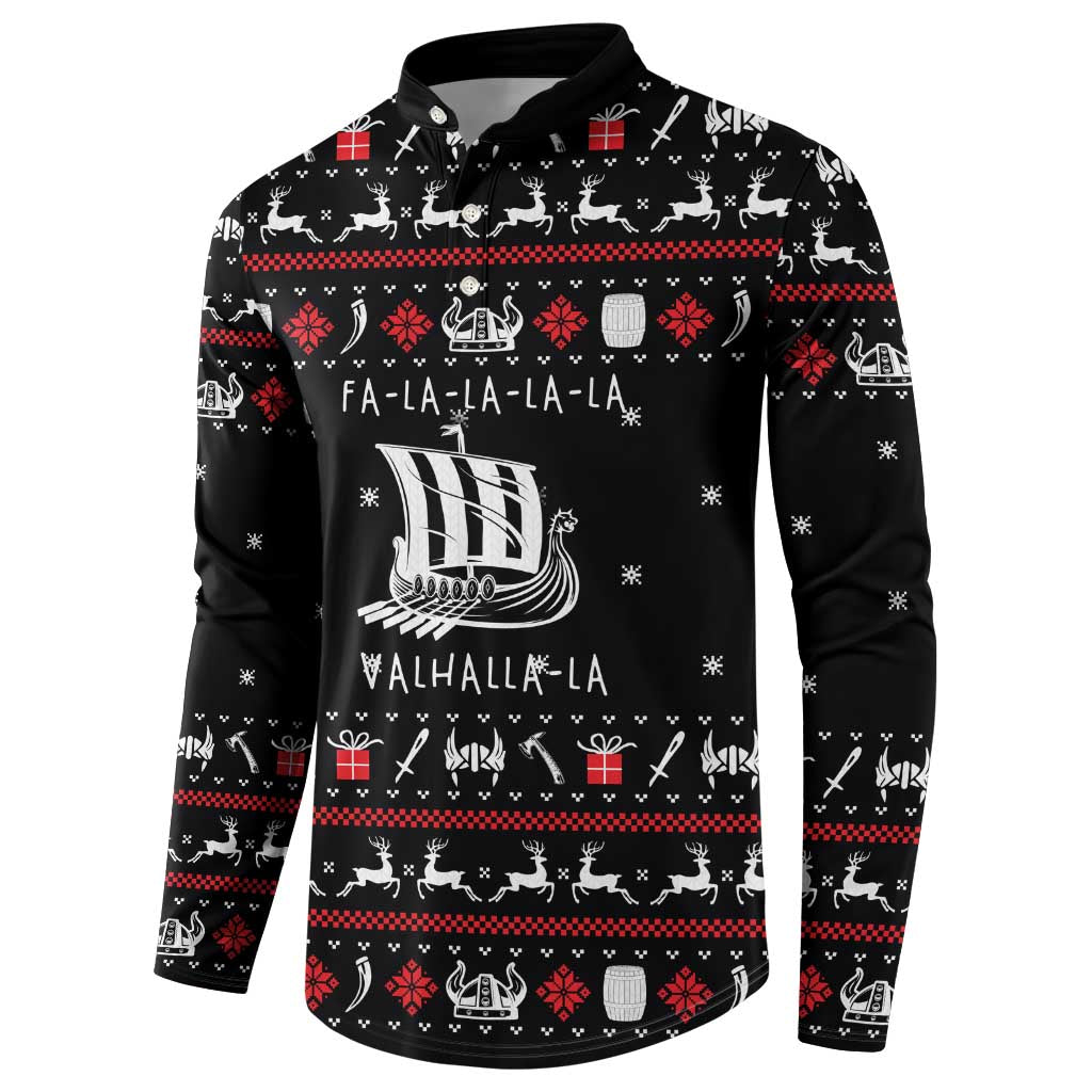 Viking Christmas Button Sweatshirt with Fa La La La La Valhalla Quote and Longship Nordic Pattern - Wonder Print Shop