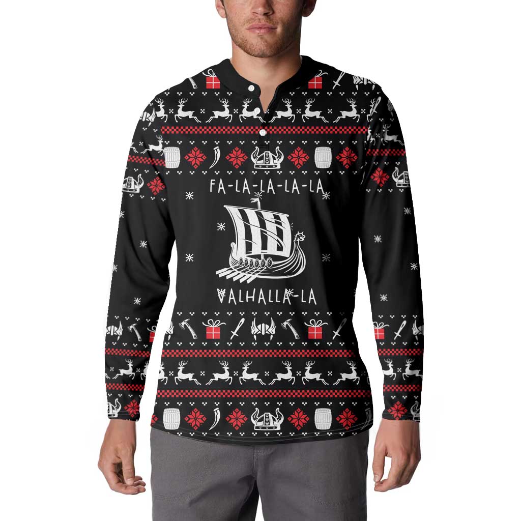 Viking Christmas Button Sweatshirt with Fa La La La La Valhalla Quote and Longship Nordic Pattern - Wonder Print Shop